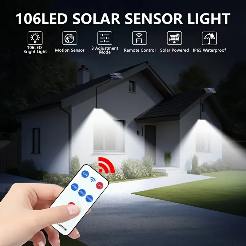 ไฟโซลาร์เซลล์กลางแจ้ง 1 ชิ้น 106 LED สว่างพิเศษ พร้อมเซ็นเซอร์ตรวจจับความเคลื่อนไหว ไฟ LED โซลาร์เซลล์ IP65 กันน้ำ 3 โหมดแสง สำหรับสวนและผนัง