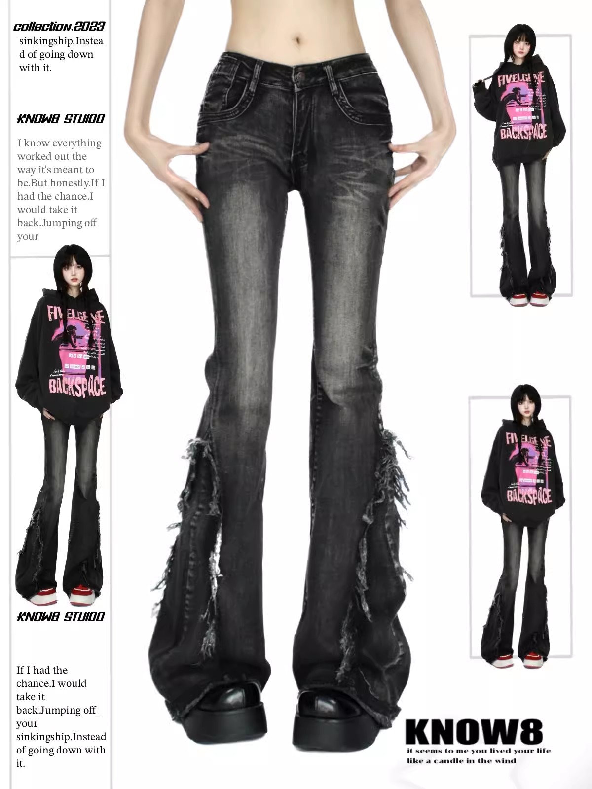 女性の黒ゴシックだぶだぶフレアジーンズ原宿 Y2k 美的デニムパンツパンクジーンズパンツヴィンテージ 2000 年代のゴミ服 2024