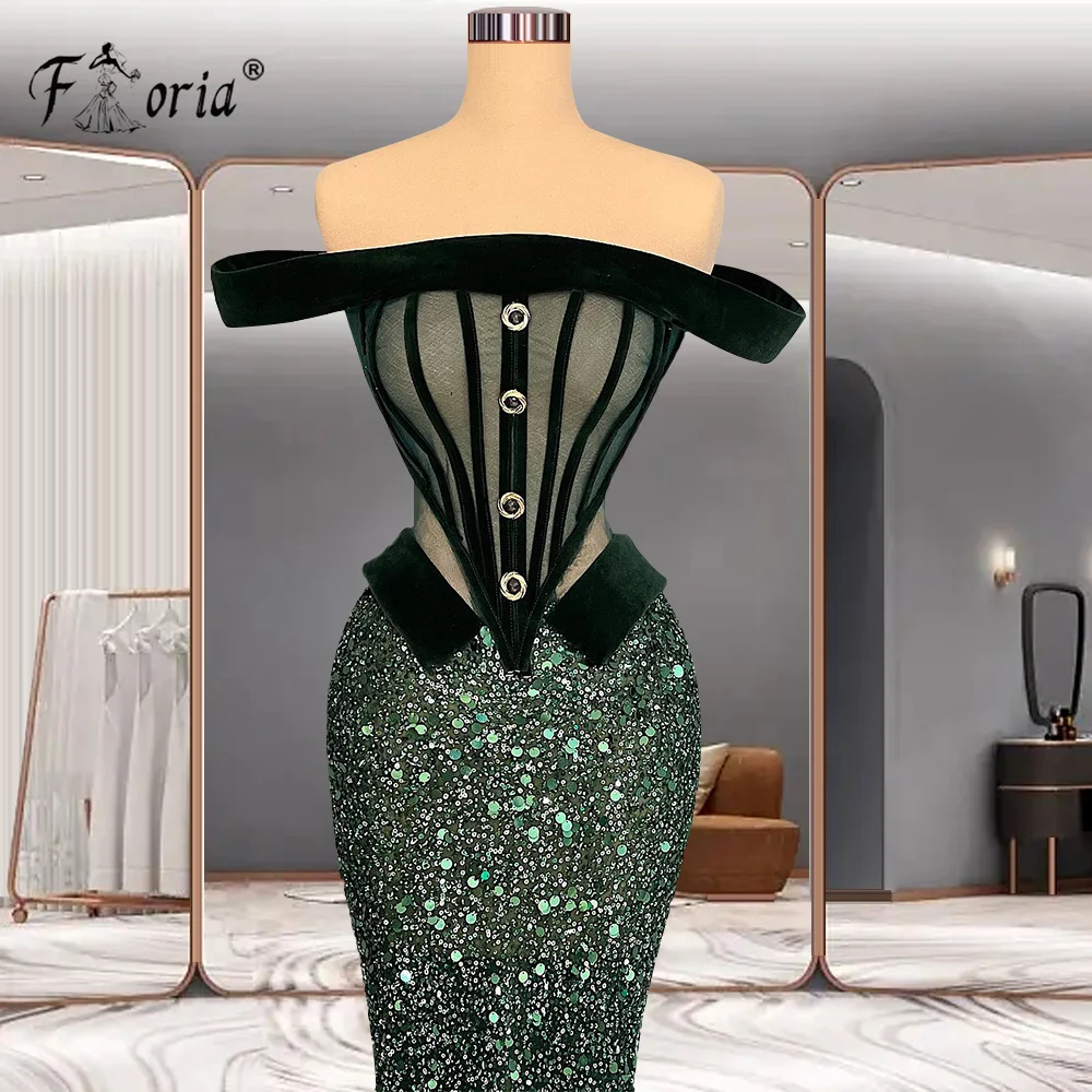 2 Stile elegante dunkelgrüne Pailletten Meerjungfrau formelle Abendkleider von der Schulter durchsichtig Perlen Ballkleid nach Maß 2024
