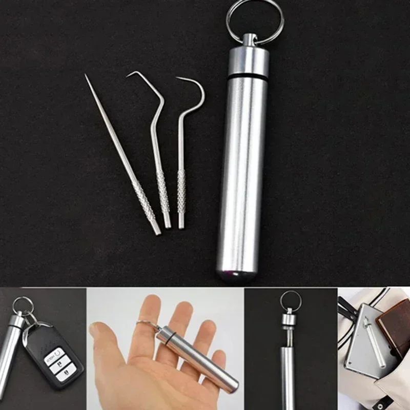 Artefatto per stuzzicadenti a mano in acciaio inossidabile Set per uncinetto dentale Strumento per la raccolta dentale Ago per filo interdentale portatile per artefatto con spina dentale