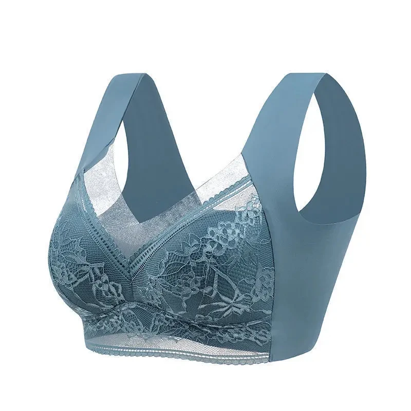 Sujetadores de encaje sexis para mujer, perspectiva de copa completa, sujetador de Color sólido con cuello en V, Top corto sin costuras, lencería transpirable de realce para mujer
