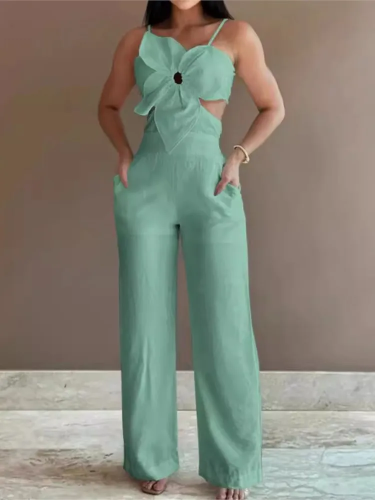 ฤดูร้อนสปาเก็ตตี้แฟชั่นJumpsuitผู้หญิงใหม่ดอกไม้รูปแบบShirred Hollow Out Casualไม่สมมาตรคอBackless Jumpsuits