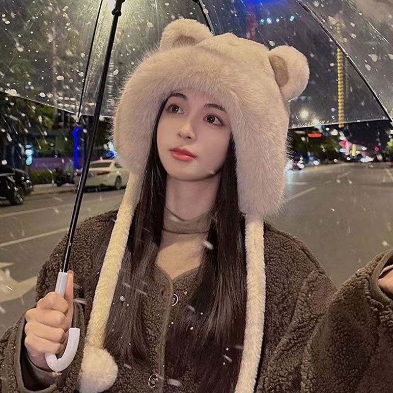 Gorro de felpa de oso para ciclismo al aire libre, gorro grueso y cálido de lana informal, protección para los oídos, esencial para mujer, Invierno