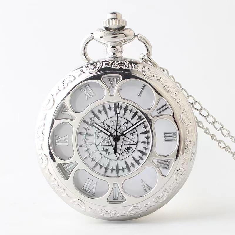 Creative silvery engraved hollow quartz pocket watch with Arabic numerals vintage pendant necklace for birthday gift chain