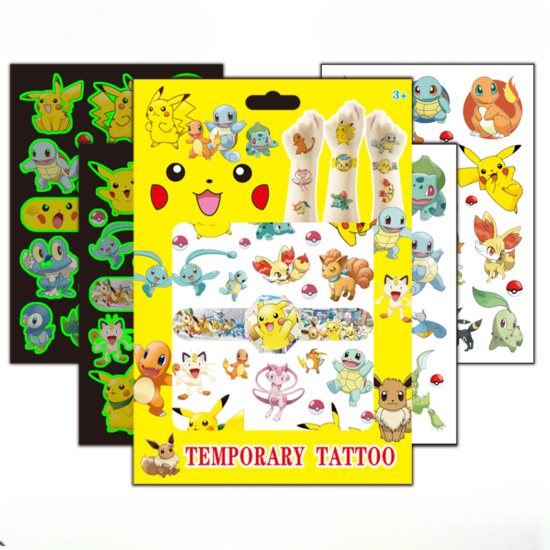 4 folhas pokemon tatuagens luminosas para crianças pikachu tatuagens temporárias adesivos meninos meninas brilho fontes de festa presentes para crianças