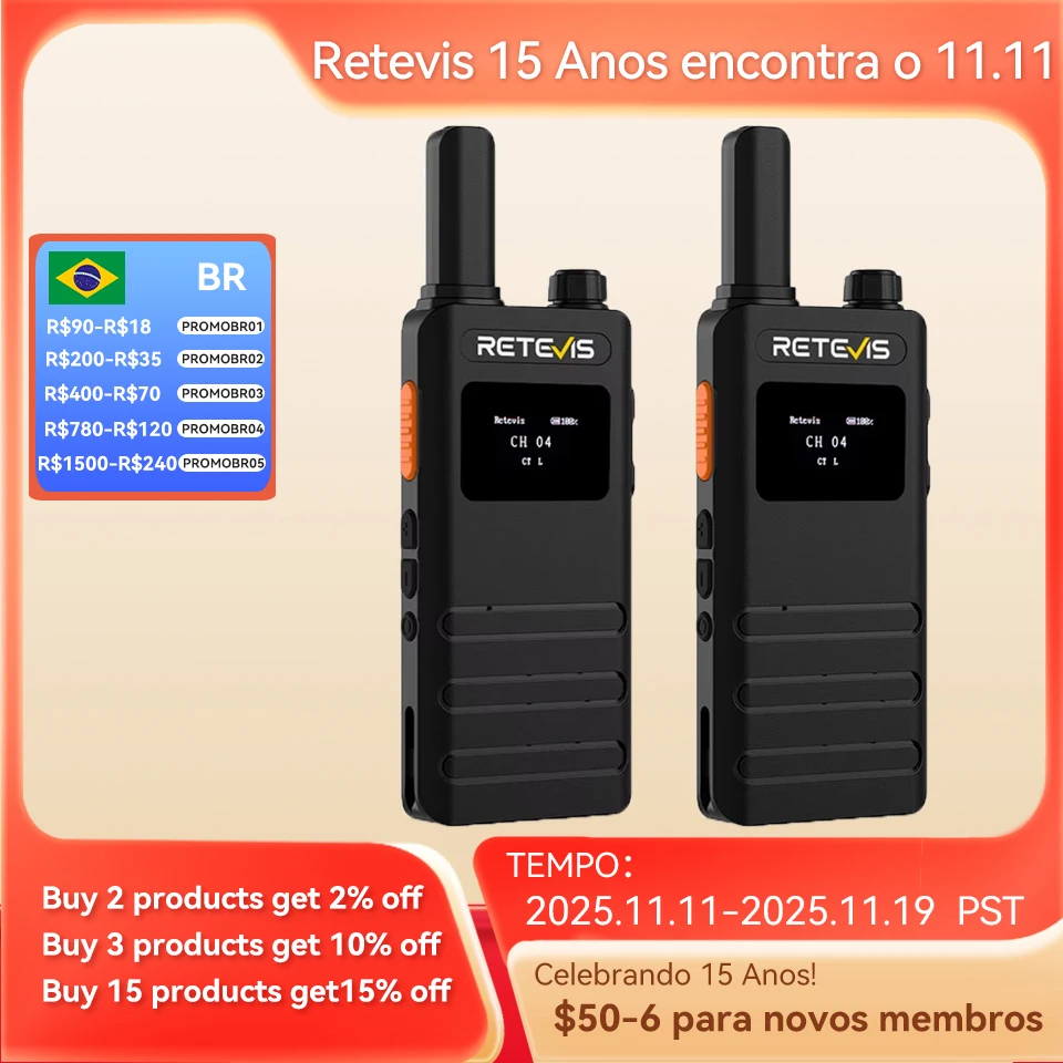 Retevis B63S (3a geração RT622) Walkie Talkie 2 peças com tela LCD Walkie-talkie ultrafino sem licença tipo C para acampamento e caminhada