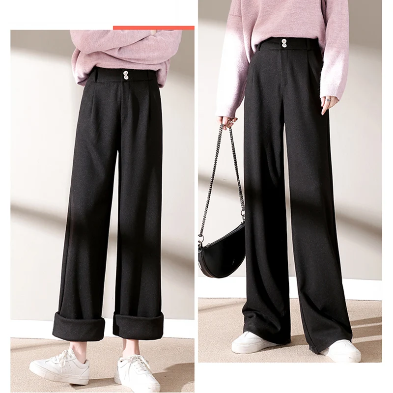 2024 herbst Winter Frauen Concise Woolen Hosen Dame Breite Bein Designer Außerhalb Hosen Weibliche Verdicken Hohe Taille Drapieren Hosen