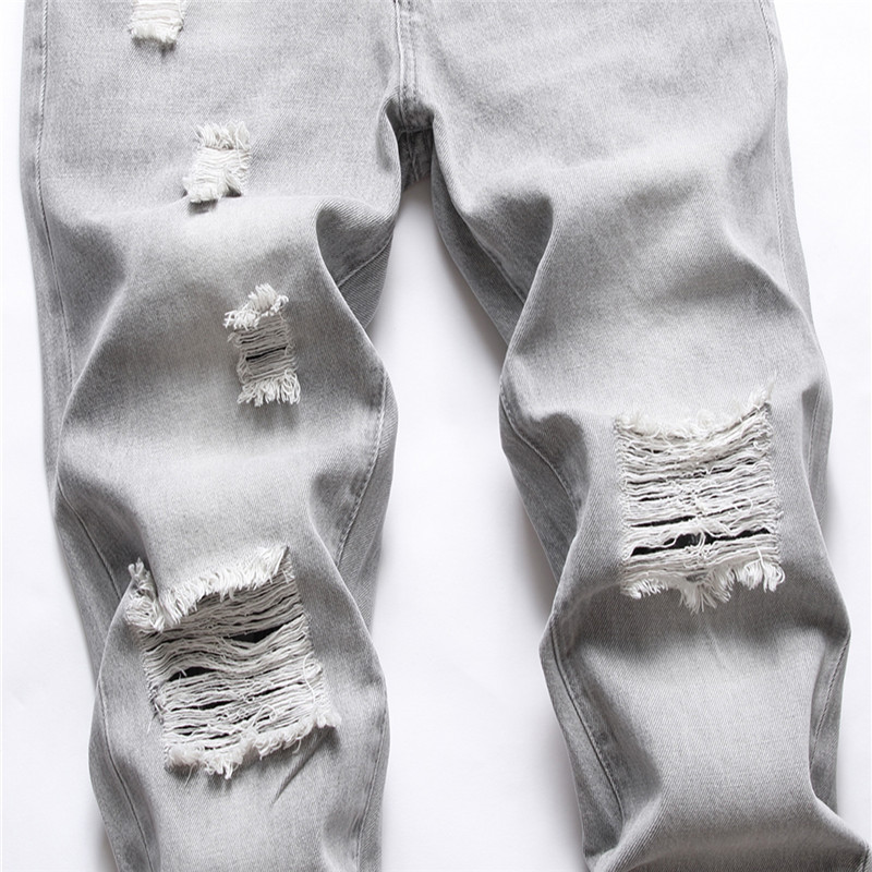 Calça jeans masculina de tamanho grande, reta, cinza claro, primavera e outono, comprimento total, calça jeans rasgada