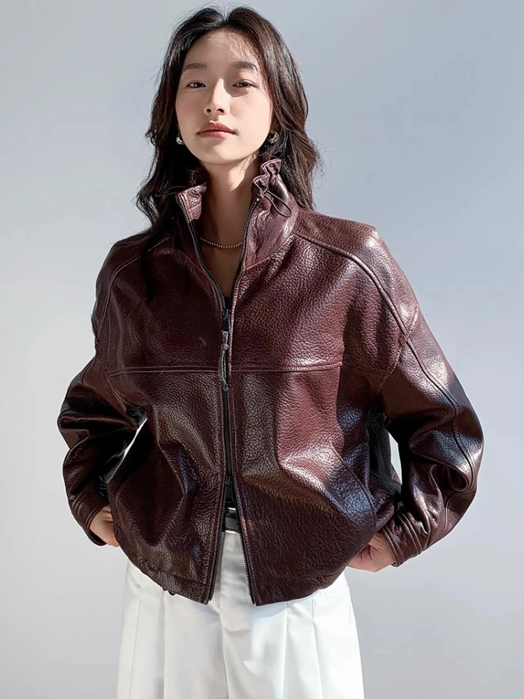 Vintage-Jacken aus echtem Leder, abgeschnitten, für Damen, Frühling und Herbst 2022, neuer High-End-Mantel mit einfachem Stehkragen und Blasenmuster aus echtem Schaffell
