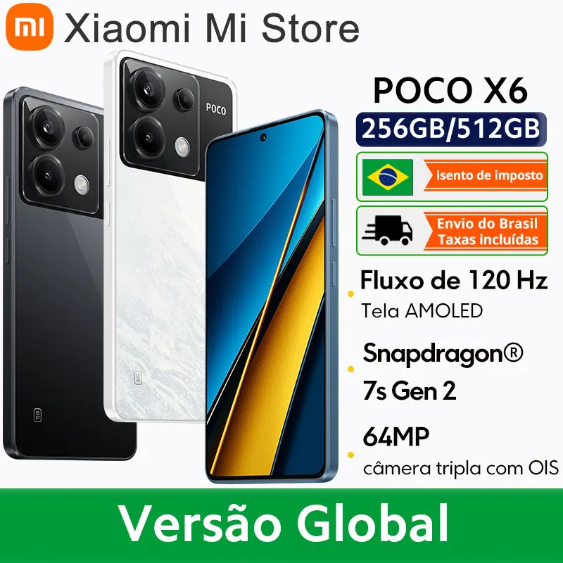 Telefones inteligentes POCO X6 5G NFC Snapdragon ®   câmera tripla de 7s Gen 2 120Hz 64MP com OIS 67W carregando versão global de 5100mAh