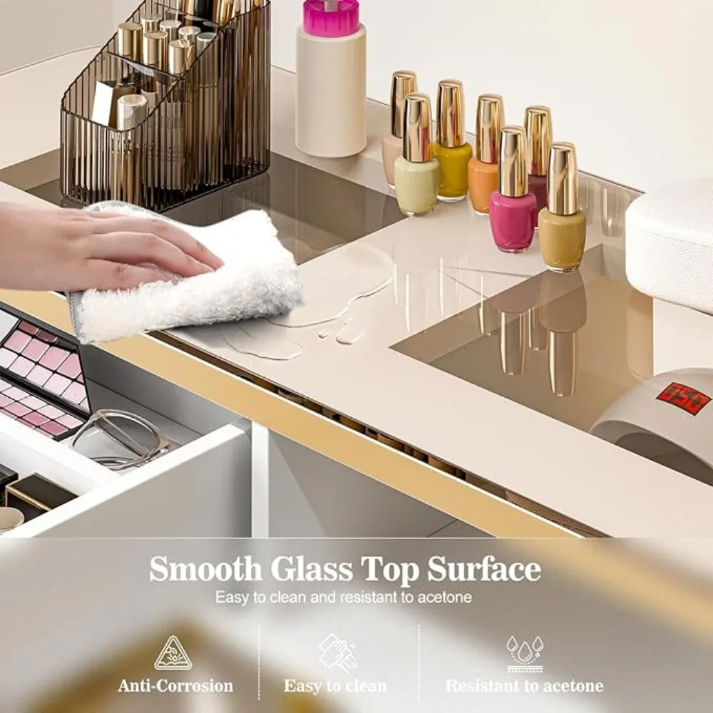 Glass top nail table with 4 drawers and 2 storage shelves, salon beauty workstation with anti acetone wrist pad, gold handle