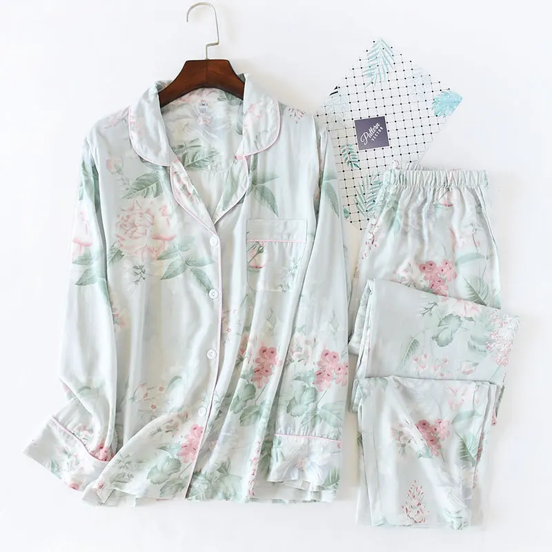 Japanische Art neue Frühjahr und Sommer Damen Pyjama Viskose Faser Seide Langarmhose Anzug Blumen druck Home Service