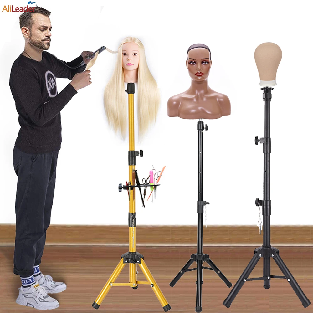 Trípode de peluca Goden negro, trípode de soporte de peluca de Metal ajustable de 125cm y 140cm para hacer pelucas y sujetar cabeza de maniquí