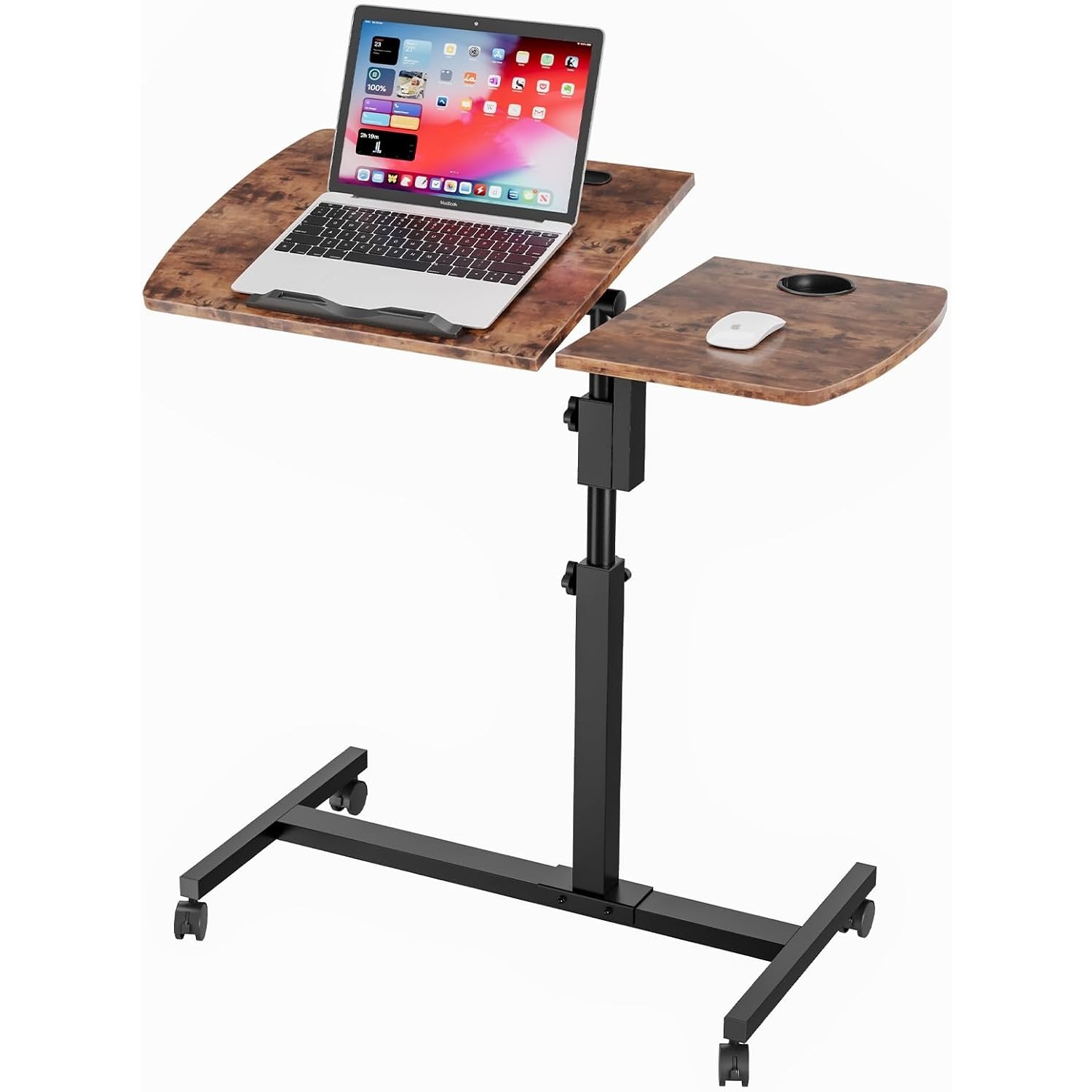 Height Adjustable Rolling Laptop Desk Over-bed Table with 2 Tilting Desktops, Mobile Bedside Sofa Side Table Standing Desk