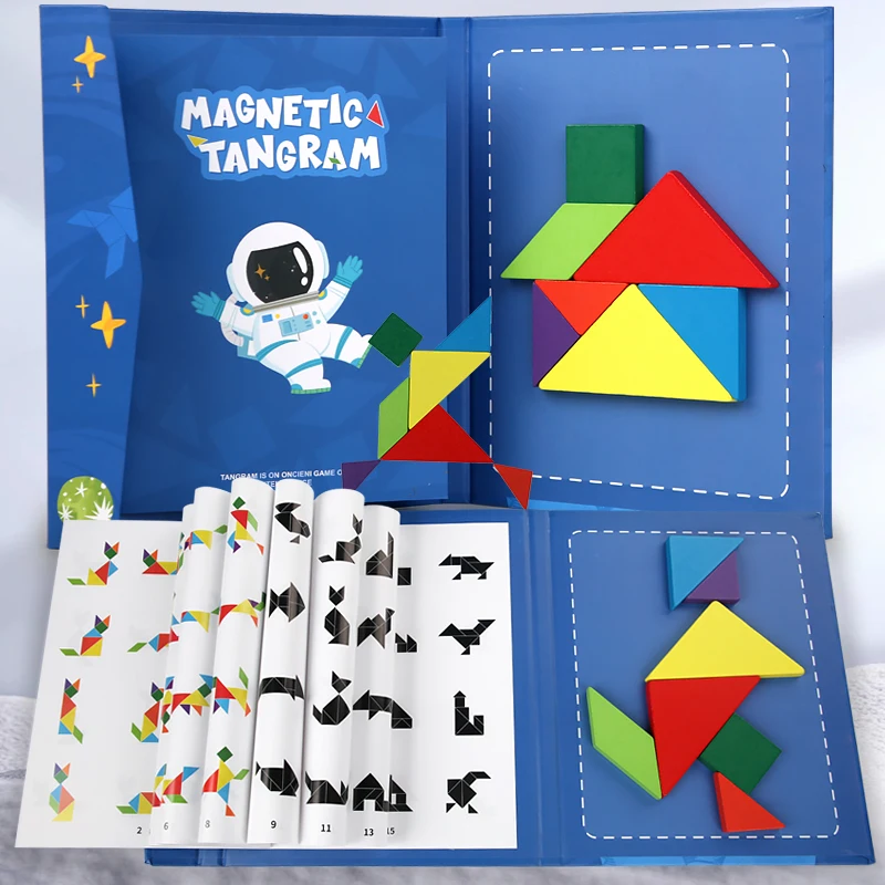 자기 3D 기하학적 모양 Tangram 퍼즐 보드 퍼즐 책 어린이 몬테소리 게임 아기 교육 나무 장난감 어린이를위한 선물