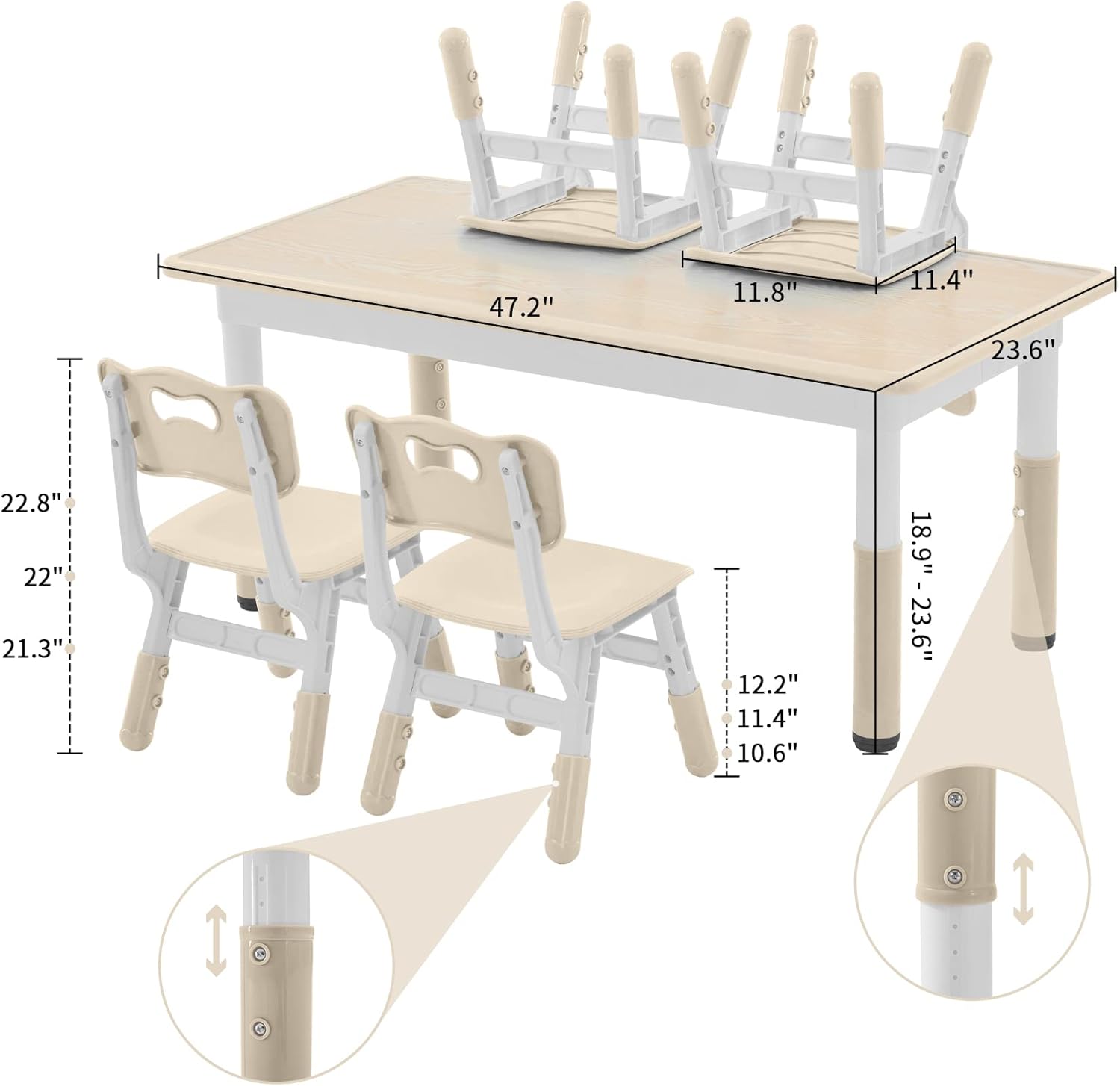 Toddler Table And Chairs Set For 4, 47.2''L X 23.6''W Kids Study Table And Chair Set, Height-Adjustable, Graffiti Desktop,