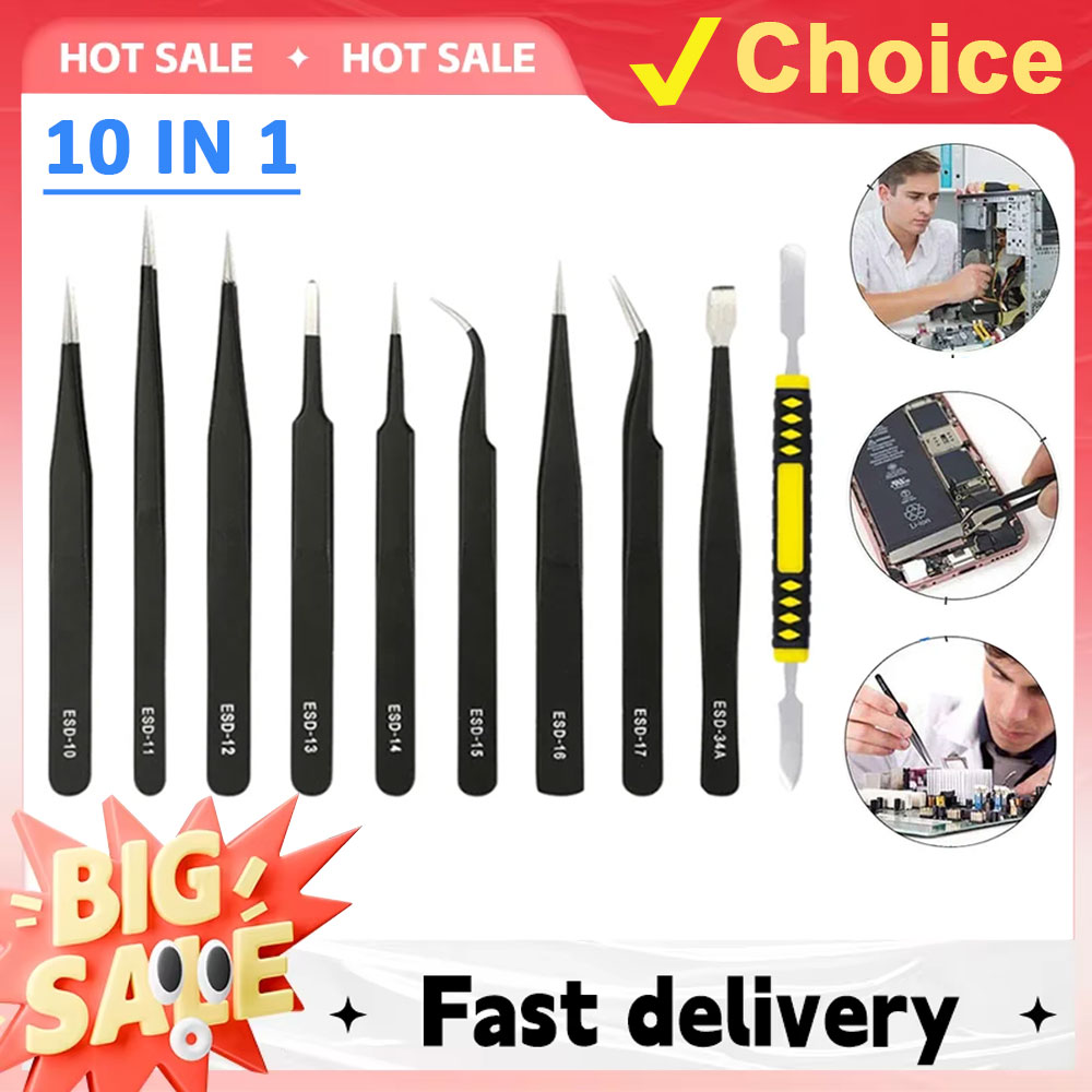 Zestaw precyzyjnych antystatycznych pęset ze stali nierdzewnej, 10 sztuk, narzędzia do konserwacji, profesjonalne pęsety elektroniczne.
