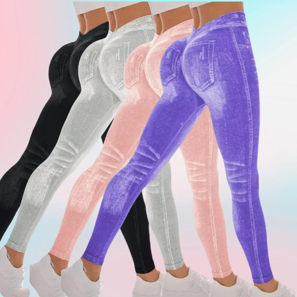 ﻿   Leggings deportivos de yoga para mujer, pantalones vaqueros de imitación ajustados sin costuras para fitness al aire libre