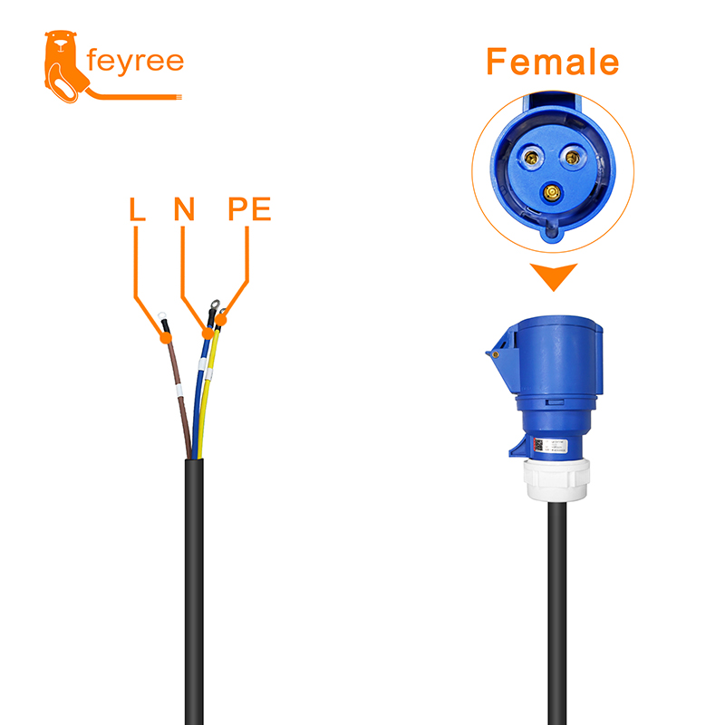 Feyree-cargador EV CEE hembra, adaptador de 3 pines, conexión impermeable, enchufe de montaje en pared, 32A, 1 fase, 7KW, cargador portátil