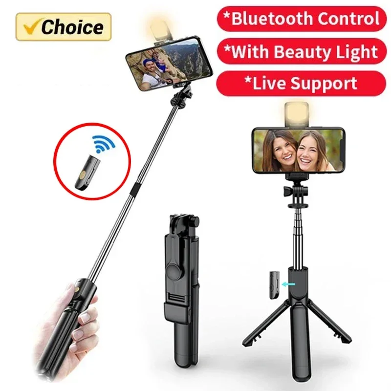 Palo de Selfie inalámbrico con trípode y luz, control remoto Bluetooth, extensible para iPhone, teléfono móvil, transmisión en vivo TikTok