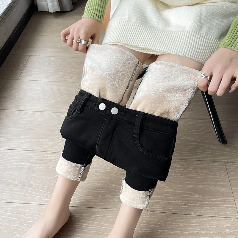 Zoenova-女性用フリーススキニージーンズ、ペンシルパンツ、ベルベット、厚手、ペンシル、デニムパンツ、暖かい、韓国、冬、カジュアル、ベーシック