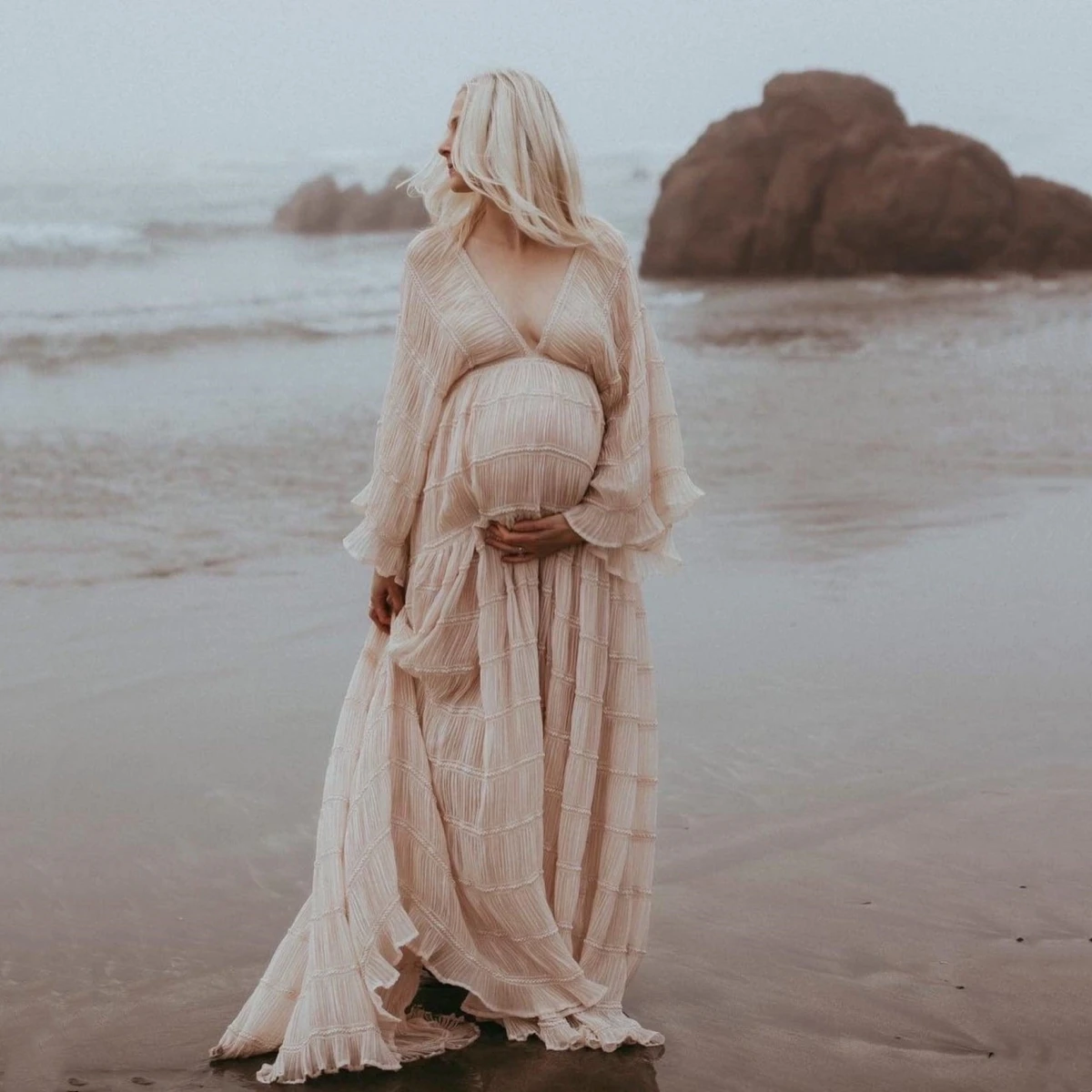 จีบชีฟอง Boho สไตล์คลอดบุตรถ่ายภาพชุดอาบน้ําเด็ก Maxi ชุดหญิงตั้งครรภ์ Photo Props ชุด