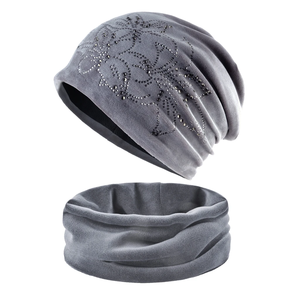 Gorro y bufanda de punto de franela de doble capa para mujer, conjunto de gorro con patrón de narciso de diamante, gorro cálido a prueba de viento para clima frío