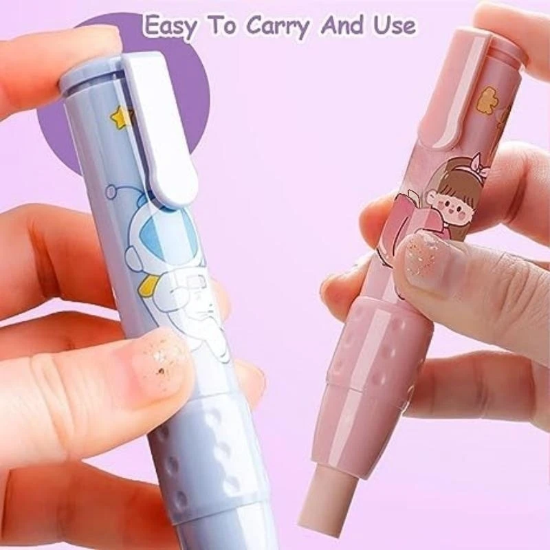 Pen Type Eraser Set Replaceable Core, Cute Cartoon Pencil Erasers for Kids, Retractable Eraser Pencil Rubber Soft Refill Core