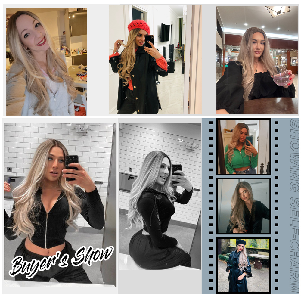 Alan eaton platina loira com destaque branco raízes escuras perucas de cabelo sintético para mulheres longo ondulado peruca cosplay resistente ao calor