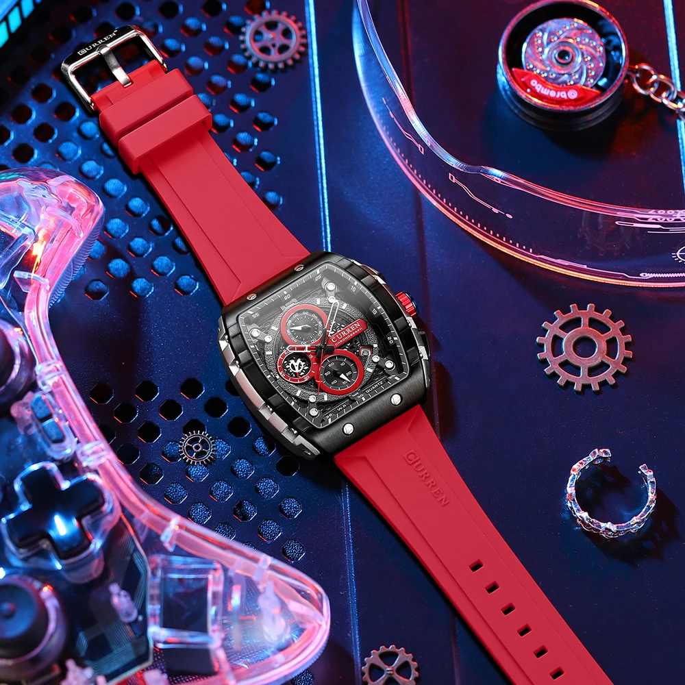 Reloj CURREN deportivo cronógrafo de cuarzo para hombre, reloj de pulsera con esfera Tonneau y correa de silicona azul a la moda con fecha resistente al agua hasta 3atm