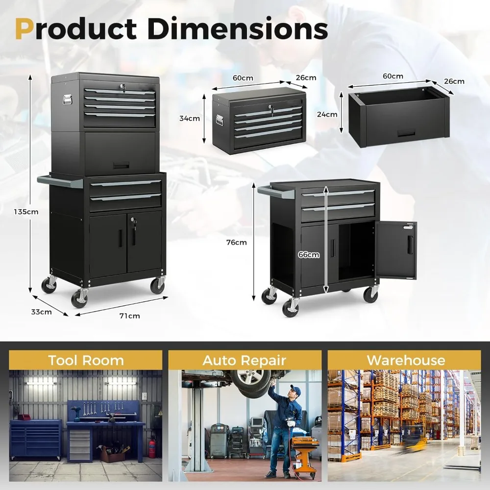 Large Tool Cabinet, Lockable Metal Tool Chest Combo with Detachable Top Cabinet, Wheels, 6 Drawers & Hooks, Workbenches