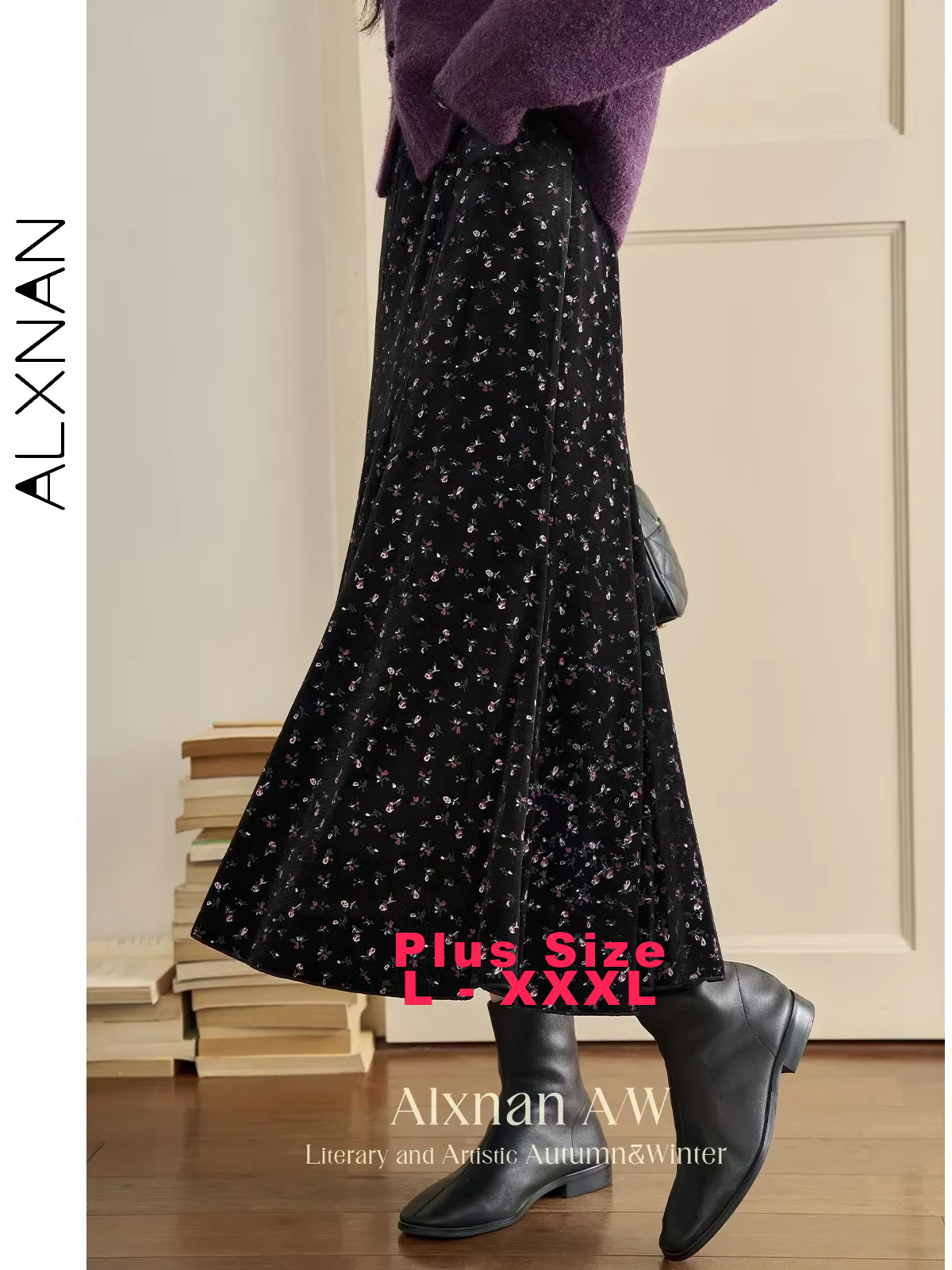 ALXNAN rok Midi ukuran besar wanita, Rok Midi motif bunga dasar elegan desain setengah ekor ikan Hem longgar musim gugur musim dingin D07813