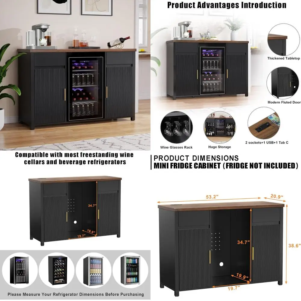 "Spacious Coffee Bar Cabinet with Built-in Fridge and Wine Storage, Elegant Buffet Sideboard for Home"