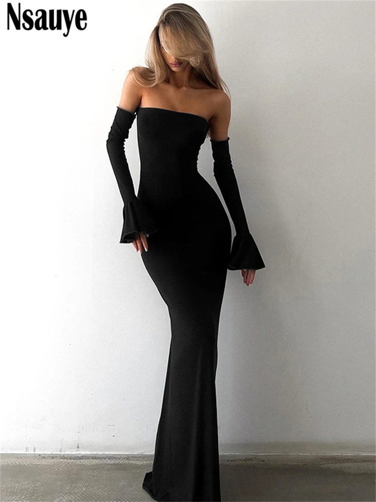 Nsauye otoño elegante mujeres Sexy noche fiesta de cumpleaños vestido de noche para discoteca fuera del hombro manga larga Maxi vestido ajustado 2024