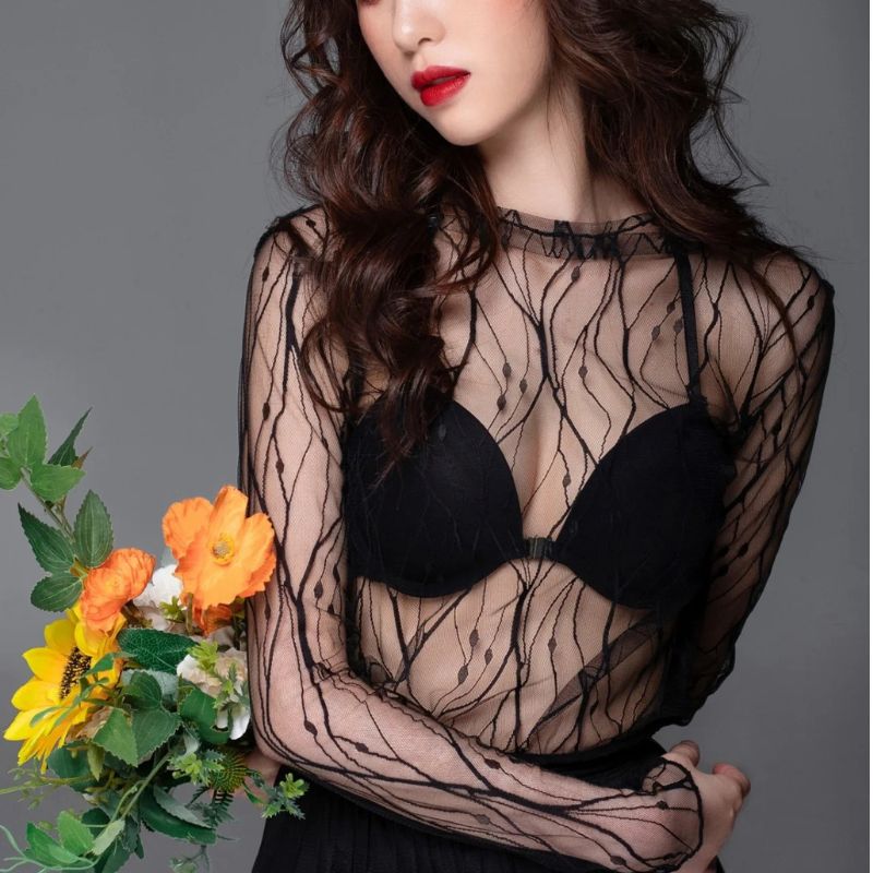 Элегантная Кружевная футболка для женщин, сетчатые Топы с длинным рукавом, прозрачный топ, прозрачная блузка, рубашки с высоким воротником