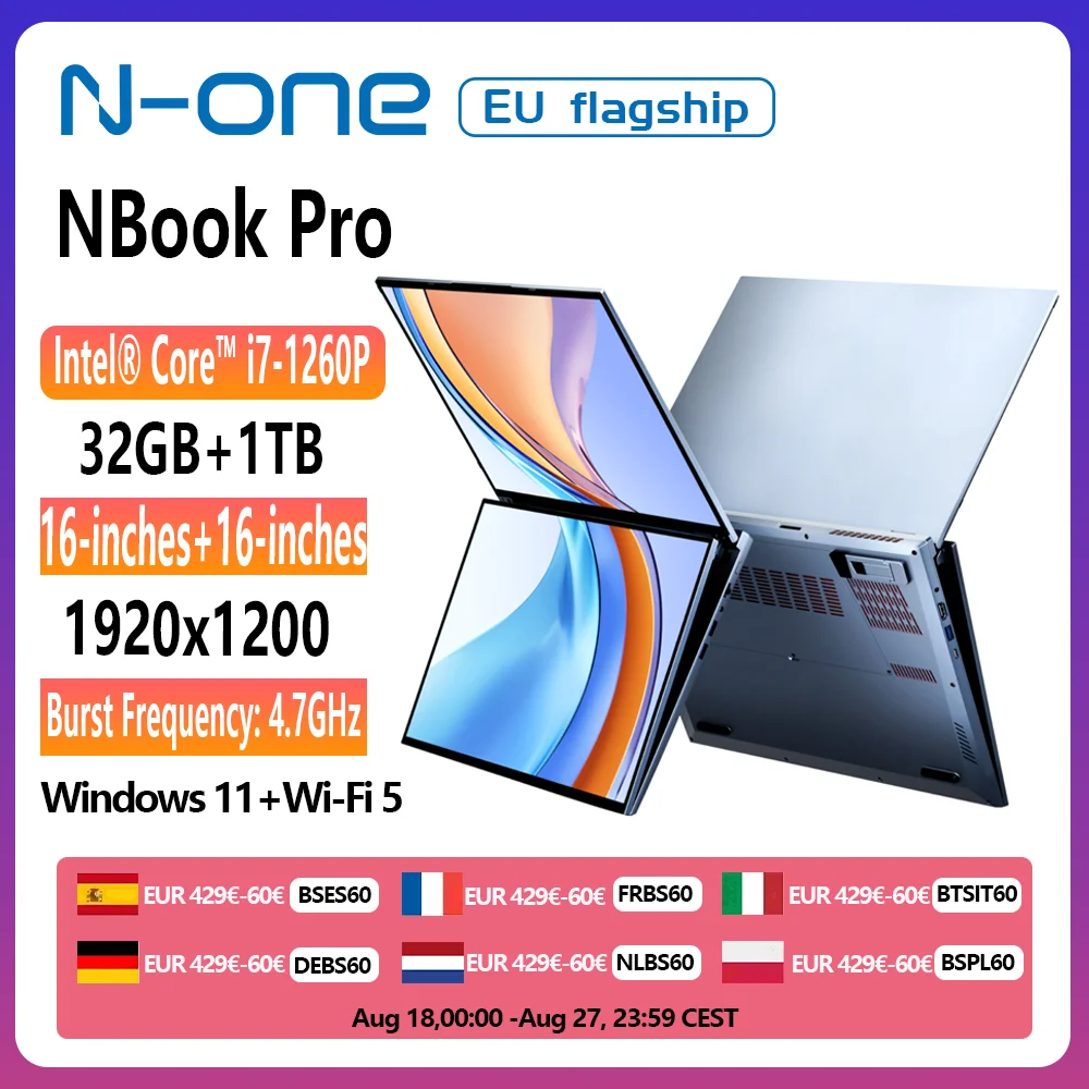 N-one NBook Pro 16 cal + 16 calowy podwójny ekran laptopa Intel Core i7-1260P(12C/16T do 4.7GHz) 32GB DDR4 1TB SSD 1920x1200 Laptop