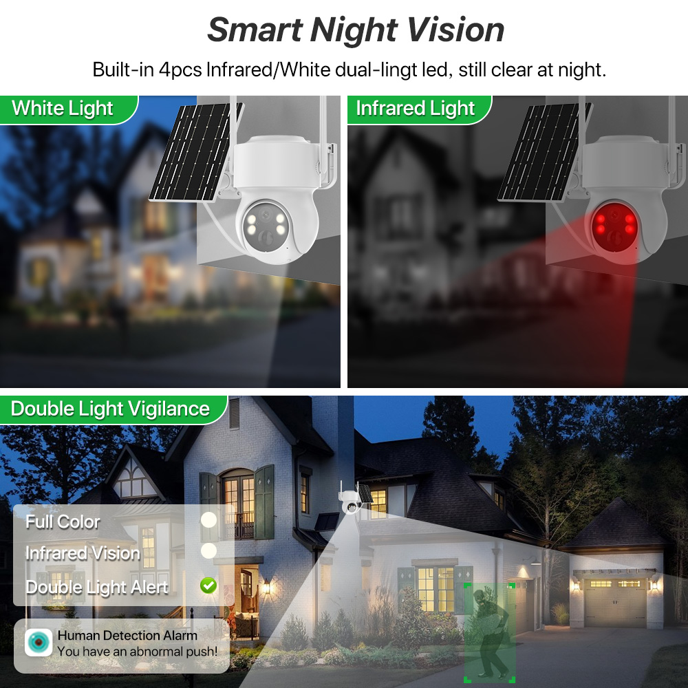 Drahtlose Solarkamera für den Außenbereich, eingebauter Akku, 4 MP HD WiFi, PTZ-Kamera, PIR-Menschenerkennung, Videoüberwachungskamera, iCsee APP