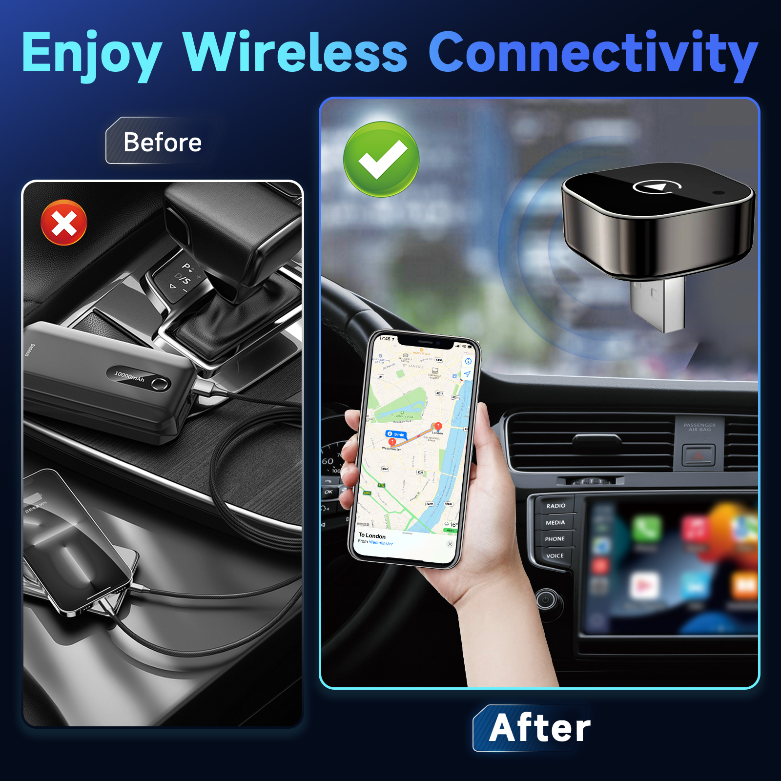Pionray 2in1 Wireless CarPlay Adapter Android Auto AI Smart Box Car Intelligent Systems For VW Toyota Nissan Honda Ford Benz