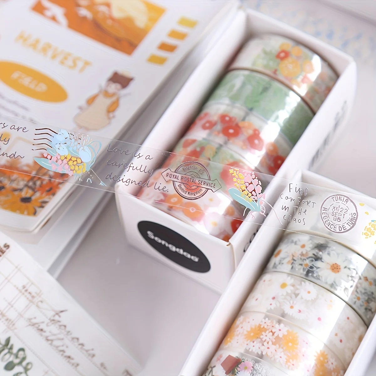 5 rotoli/scatola di nastro washi floreale vintage, piccolo nastro decorativo floreale trasparente in materiale PET, un regalo indispensabile per gli amici