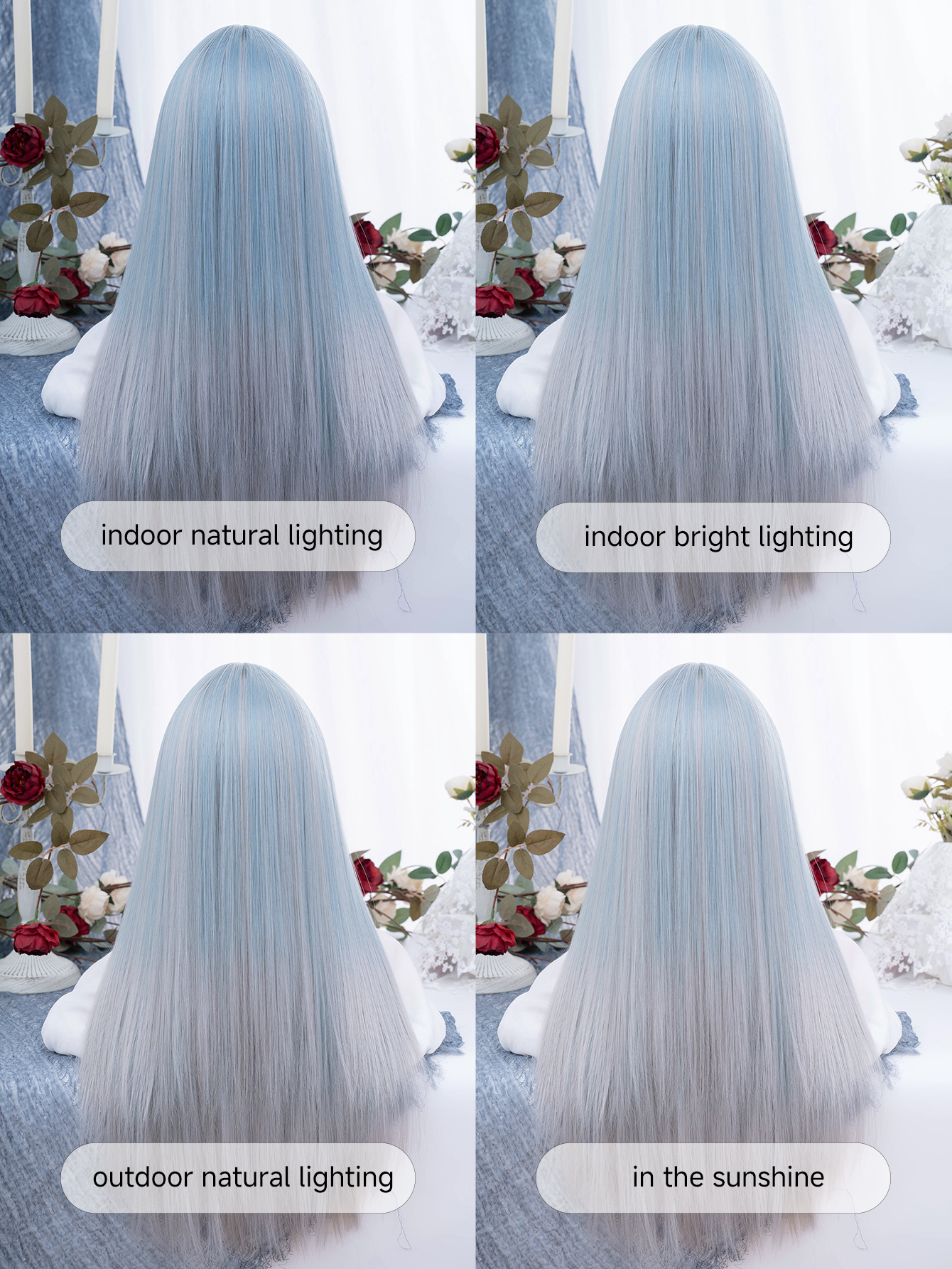 28 インチブルーグレーオンブル原宿スタイル合成かつら前髪ロングストレートヘアウィッグ女性のための日常使用 Cos 耐熱