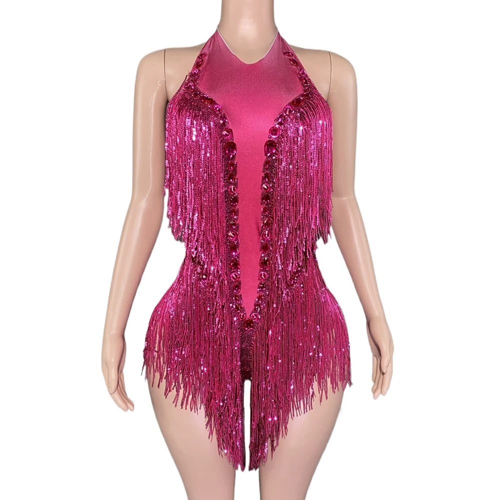 Funkelnder Hot Pink Kristalle Pailletten Fransen Body für Frauen Sexy rückenfreies Tanzkostüm Tänzerin Performance Show Bühnenkleidung