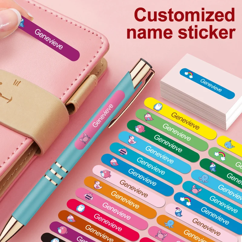 Pegatinas de nombre impermeables personalizadas para botellas de agua y papelería para niños, etiquetas personalizadas coloridas, vinilo duradero, ecológico