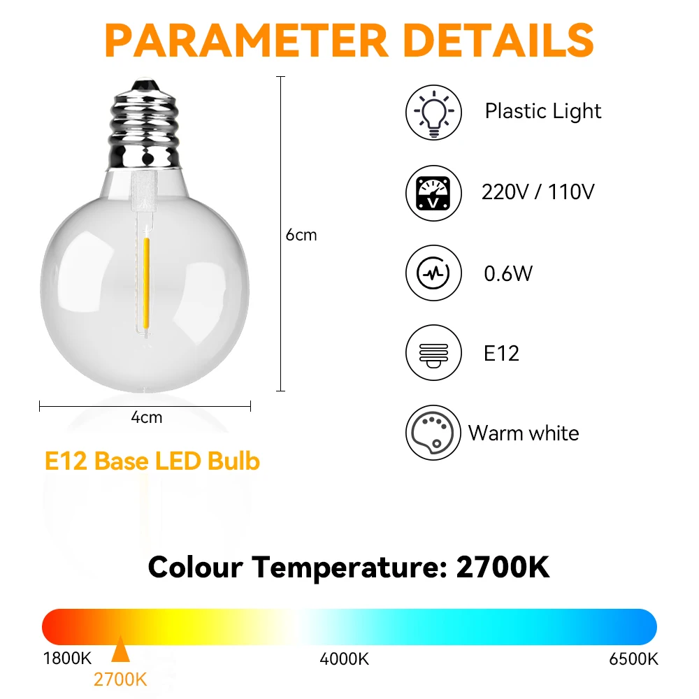 G40 Luci a stringa per esterni a LED 15M Luci a sfera infrangibili Luce a festone a LED per illuminazione decorativa da giardino con portico cortile