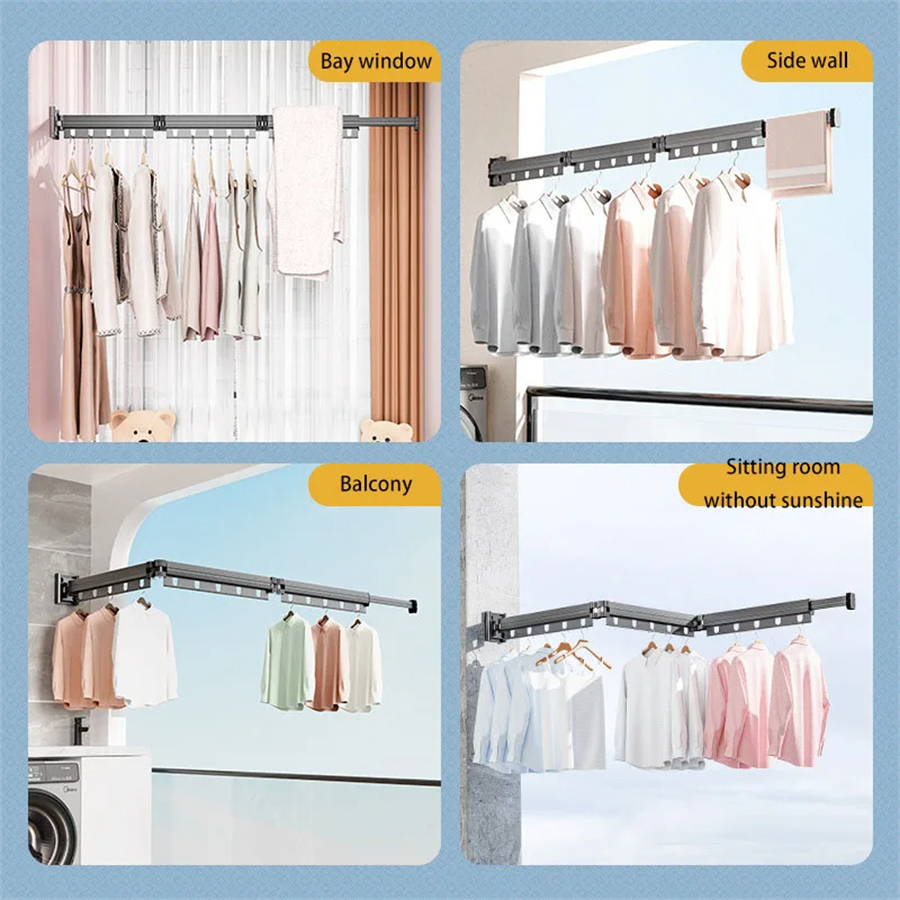 Cabide de roupas extensível interior retrátil pano rack de secagem economia de espaço casa lavanderia varal montagem na parede rack de roupas