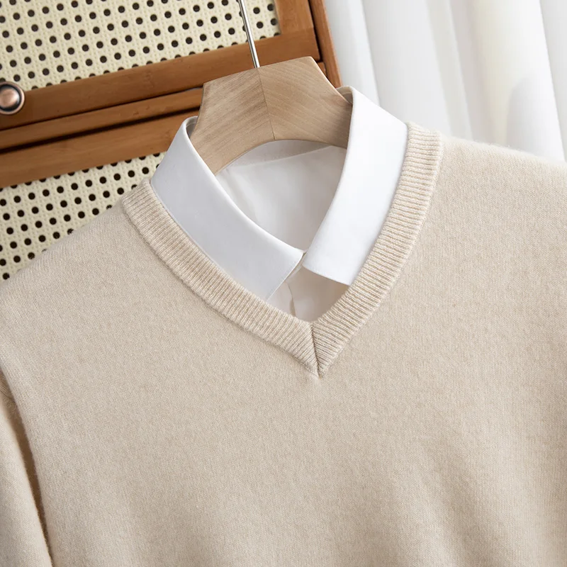 Jersey de lana merina con cuello en V para hombre, suéter cálido de primera línea listo para usar, Top de punto básico informal de negocios, otoño e invierno, 100%