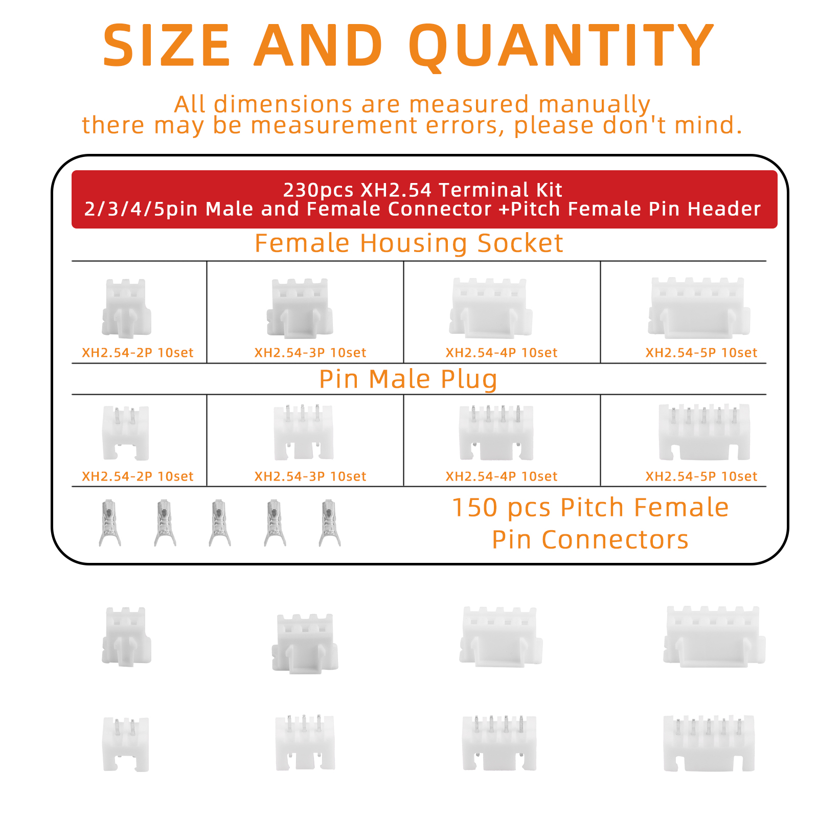 230pcs 2.54mm JST Connector Kit XH-2.54 2/3/4/5/6 Pin Male&Female Housing Connector Adapter Plug 2.54mm Pitch Wire Terminal Kit