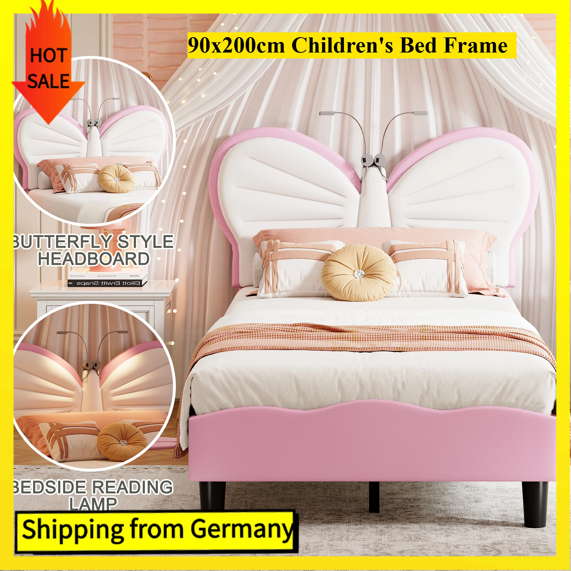 Comanlai Kinderbett 90 x 200 cm, schmetterlingsförmiges Kopfteil mit Leseleuchten, Einzelbett mit verstellbarem Kopfteil, Flanell