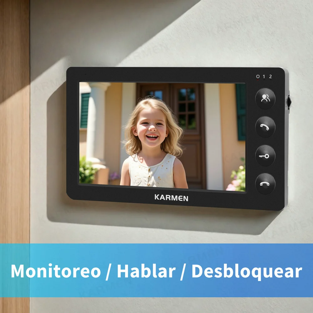 Karmen-timbre de Video para el hogar, Monitor de intercomunicación con cable de 7 pulgadas, x1, cámara de teléfono de puerta a Color impermeable, soporte x1, sistema de desbloqueo
