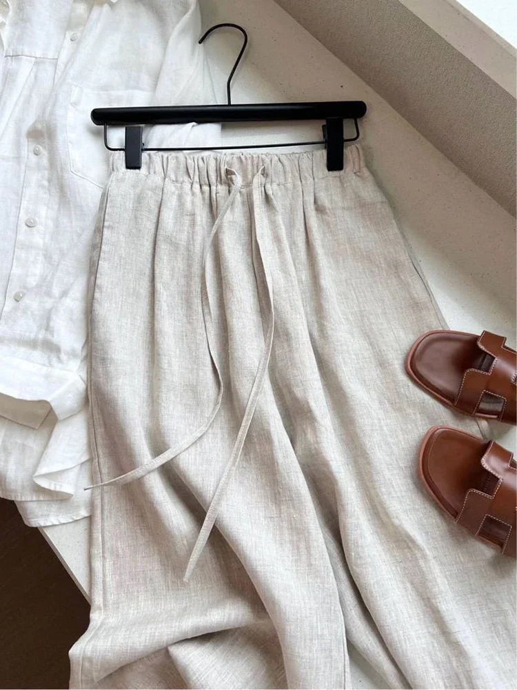 Pantalones de pierna ancha de lino de cintura alta para mujer, pantalones informales holgados finos de verano, Pantalones rectos lisos coreanos Harajuku que combinan con todo