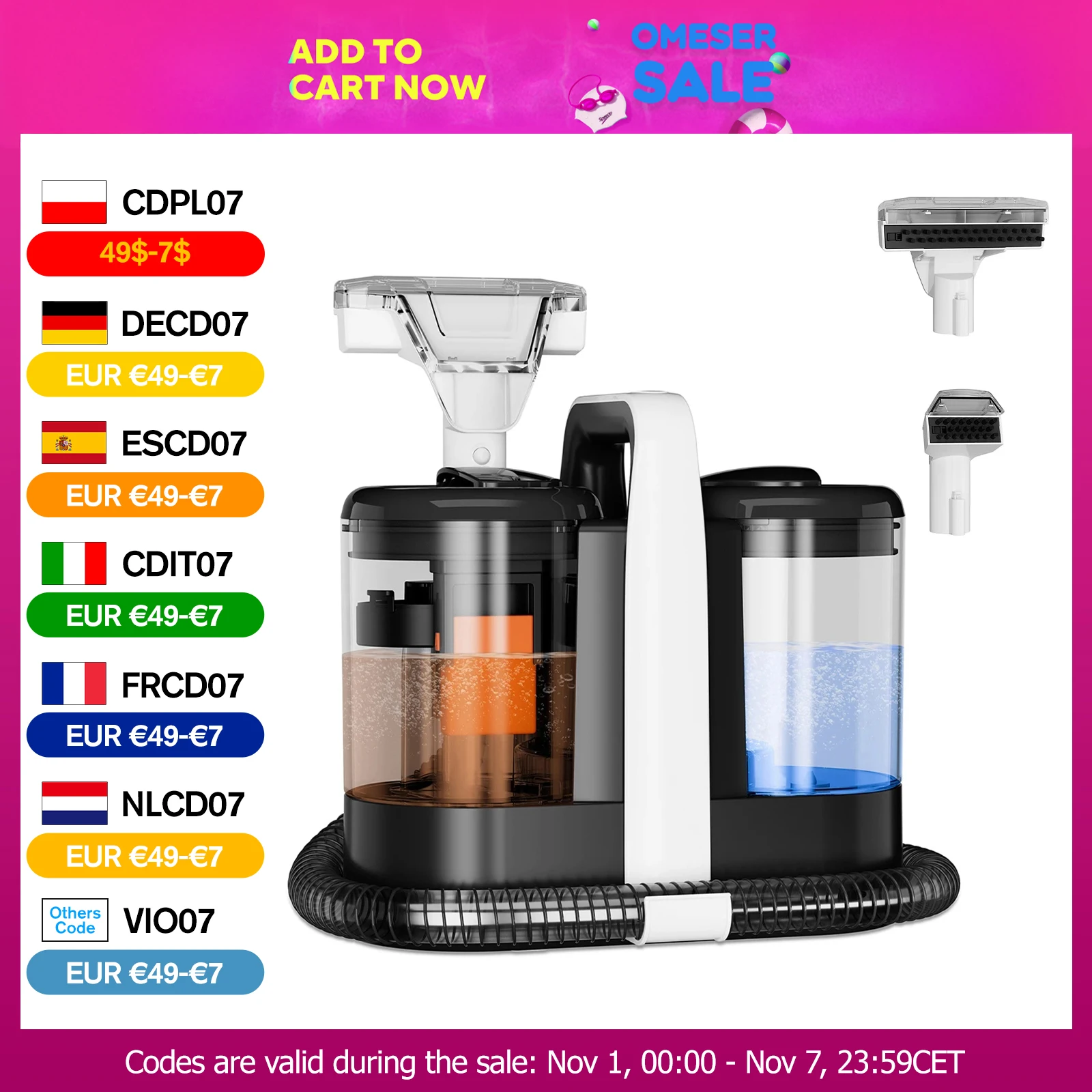 OMESER W07 Pulitore per tappeti portatile 600W Tenuto in mano 15Kpa Macchina per la pulizia delle macchie con filo Tessuto bagnato Pulizia del divano Auto portatile per animali domestici